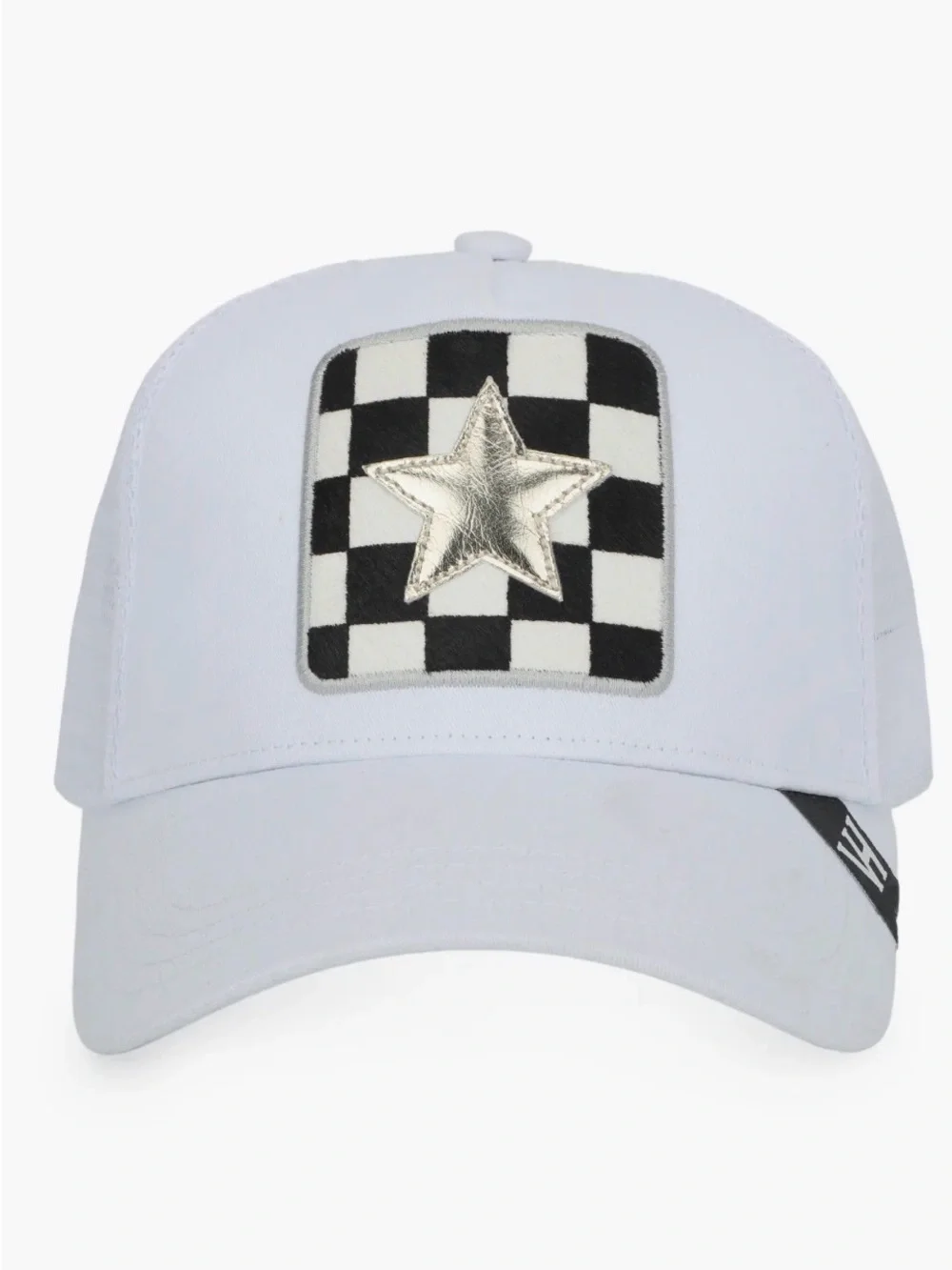 White Cap with Checker Patch and Washed Gold Star Vintage Havana Trucker Hat NWT